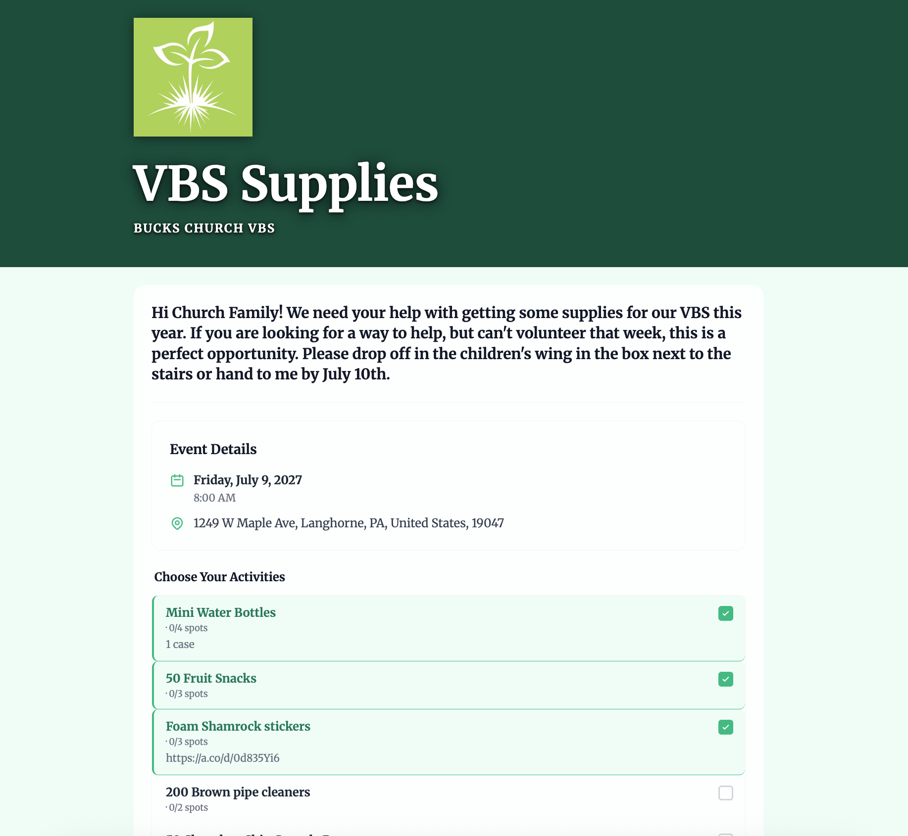 Church ministry volunteer signup form