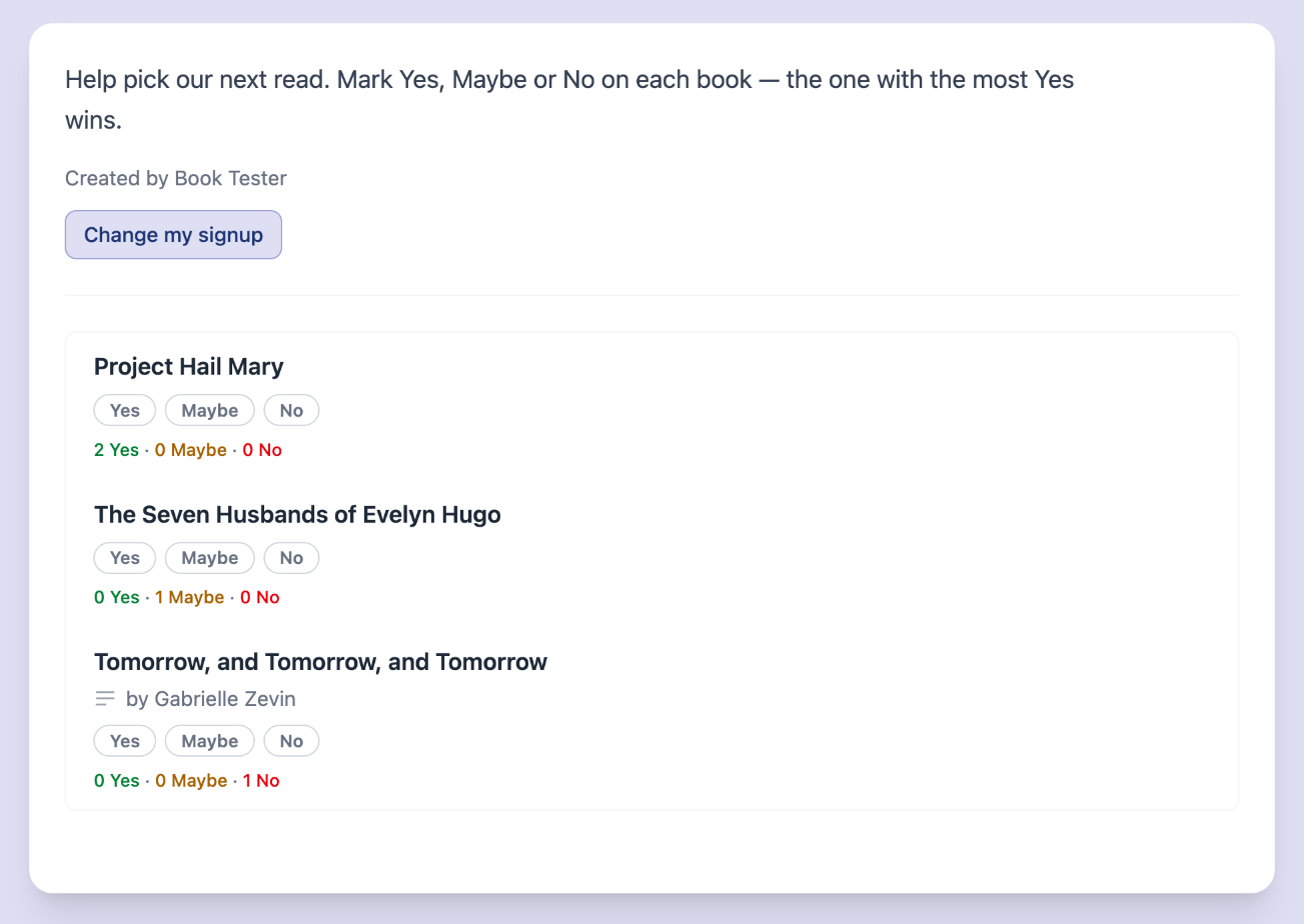Book club vote with Yes, Maybe and No tallies for each book