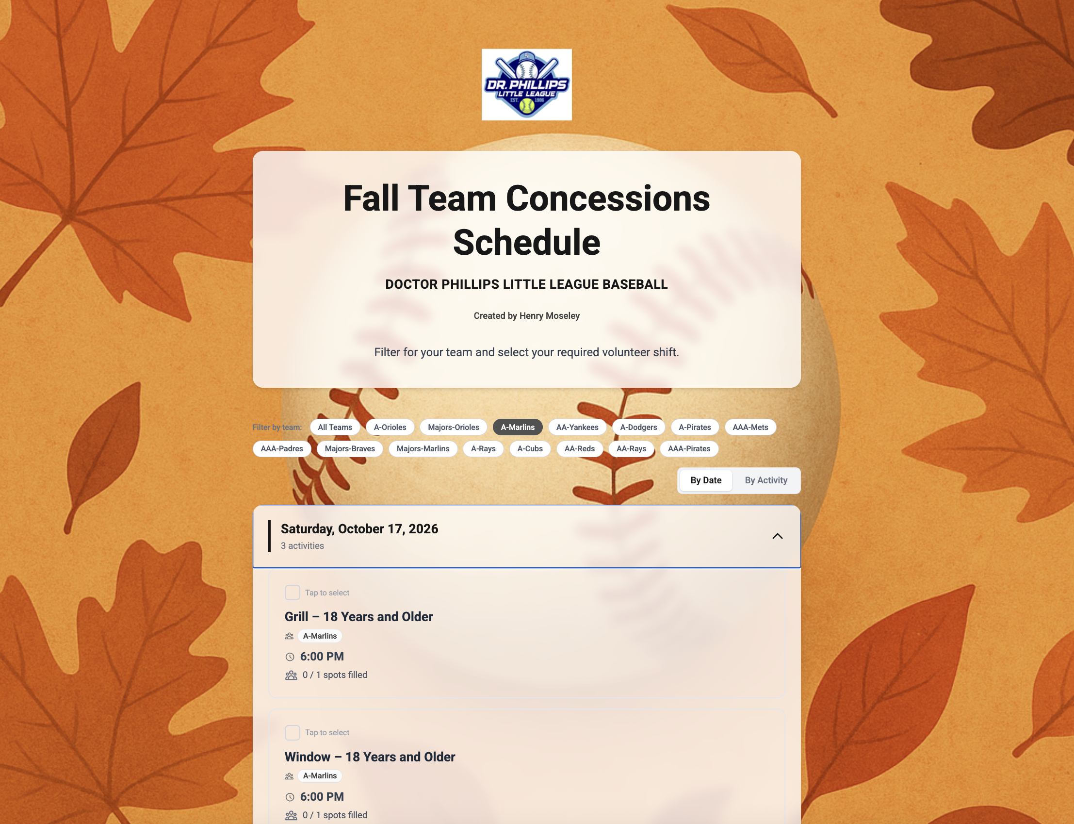Travel baseball team signup form