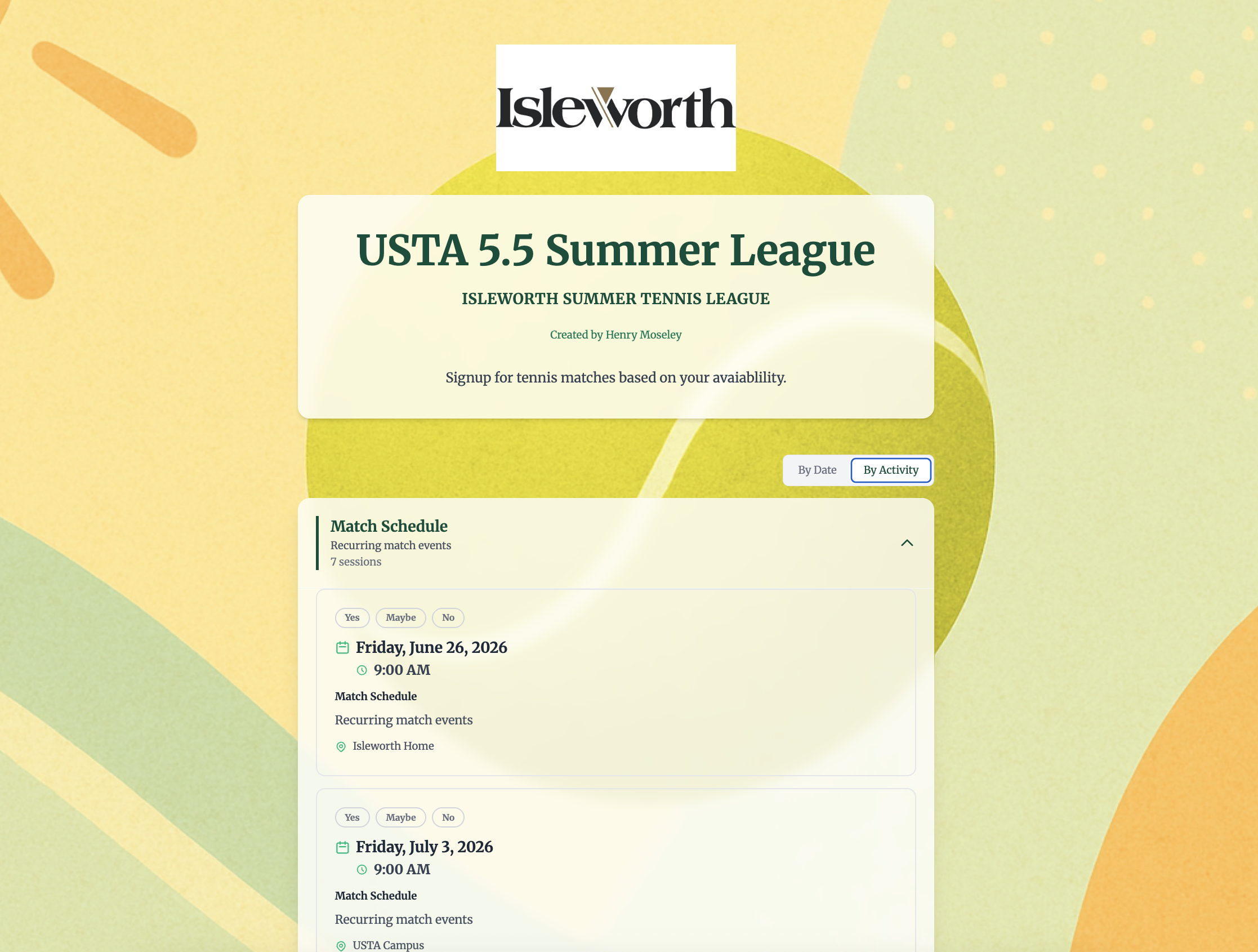 Swim team event signup form