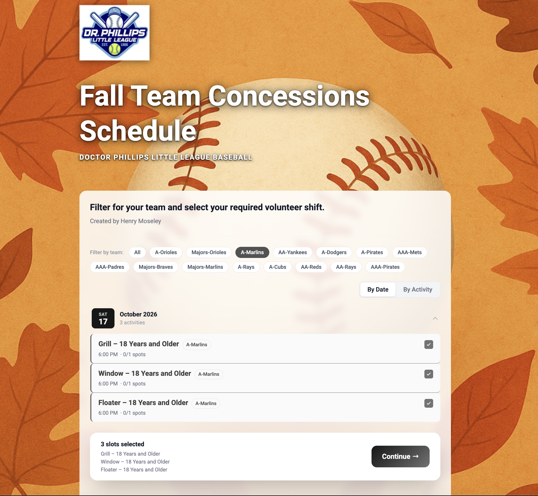 Little league concessions signup form